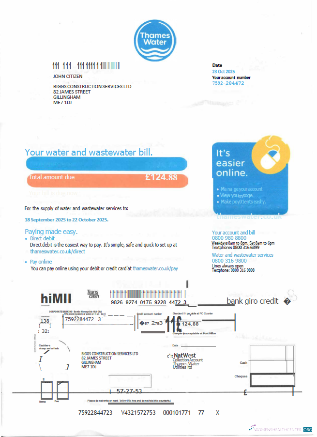 download United Kingdom Thames Water utility bill template in Word and PDF formats, version 2 PDF template